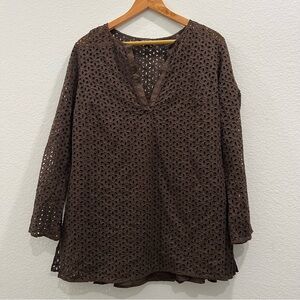 New York & Co Brown‎ Eyelet 100% Cotton Lined Tunic Long Sleeve, V Neck Large